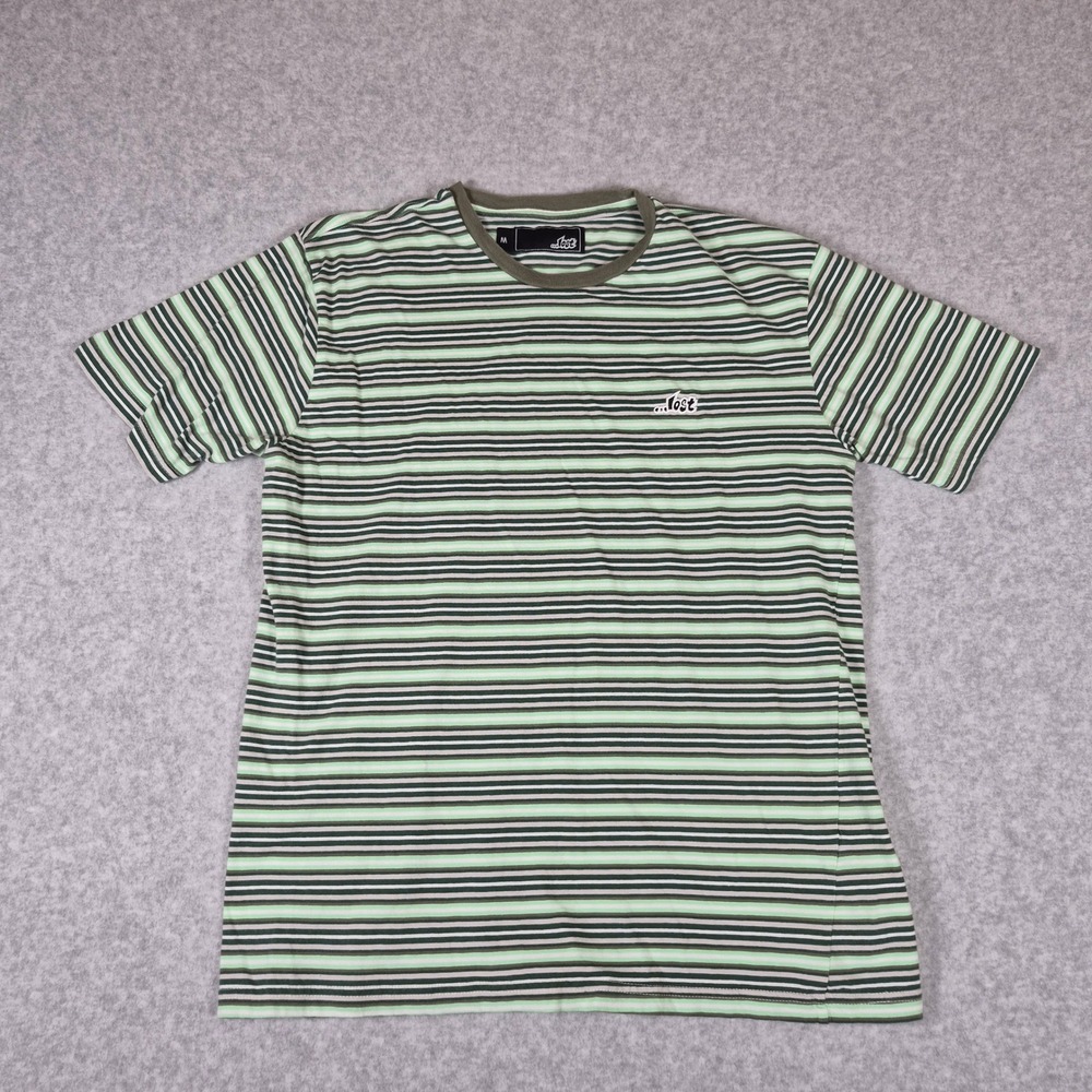 ...lost T-Shirt Mens Medium Green Striped Short Sleeve Crewneck Surf Logo